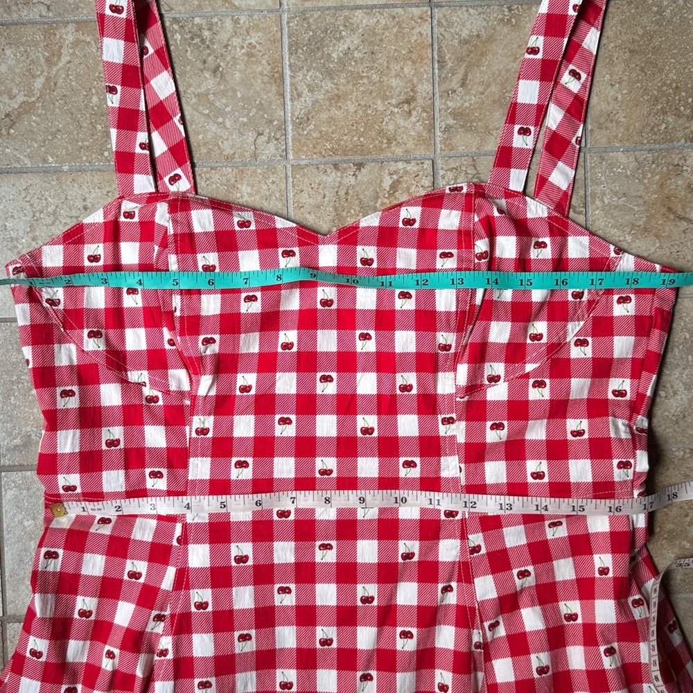 Avec Les Filles Red Gingham Cherry Pie Sweetheart Neck Fit & Flare Dress Pockets - Picture 5 of 16